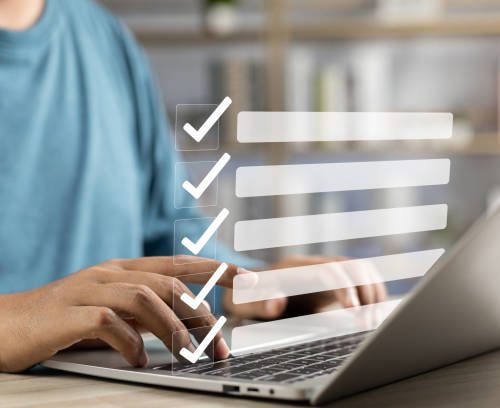 Business performance monitoring and evaluation concept, Take an assessment, Business man using laptop and tablet online checklist survey, Filling out digital checklist, Questionnaire with checkboxes.